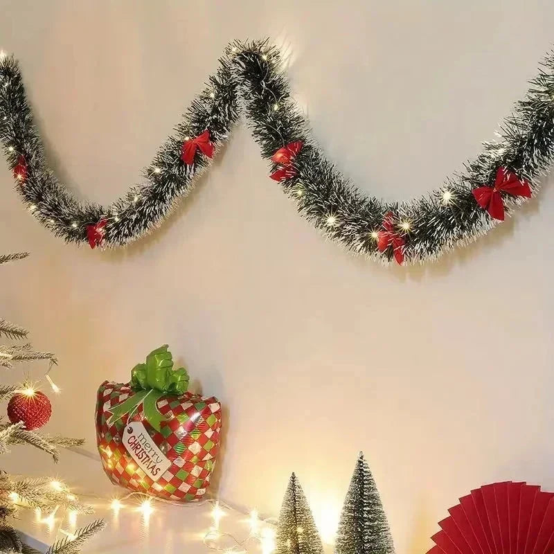 Pre-Lit Tinsel Garland with LED Lights, Bows and Frosted White Tips