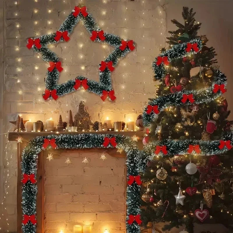 Pre-Lit Tinsel Garland with LED Lights, Bows and Frosted White Tips