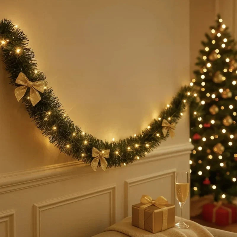 Pre-Lit Tinsel Garland with LED Lights, Bows and Frosted White Tips