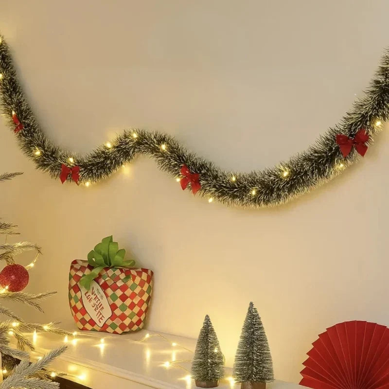 Pre-Lit Tinsel Garland with LED Lights, Bows and Frosted White Tips