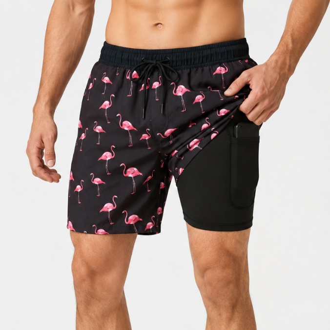 Quick-Drying Shorts with Elastic Waistband and Pockets – Modern All-Over Print Design