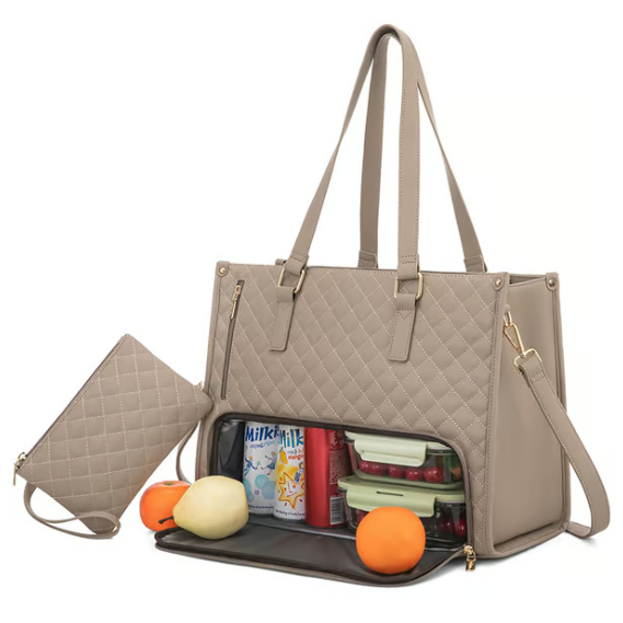 Quilted Work Laptop Tote Bag with Insulated Lunch Compartment