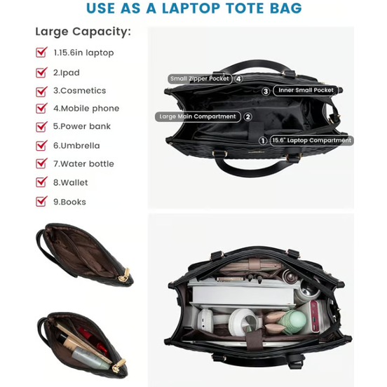 Quilted Work Laptop Tote Bag with Insulated Lunch Compartment