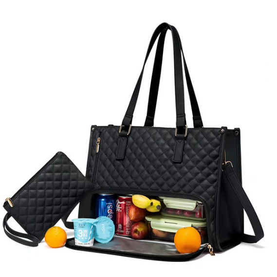 Quilted Work Laptop Tote Bag with Insulated Lunch Compartment
