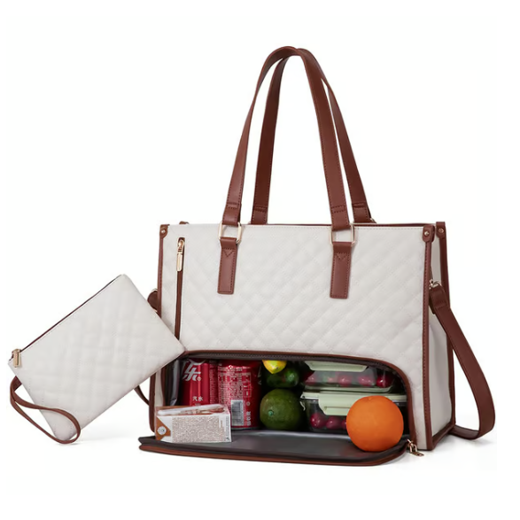 Quilted Work Laptop Tote Bag with Insulated Lunch Compartment