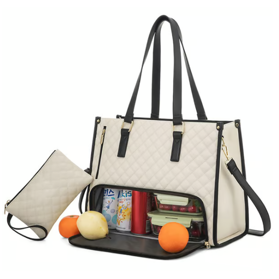 Quilted Work Laptop Tote Bag with Insulated Lunch Compartment