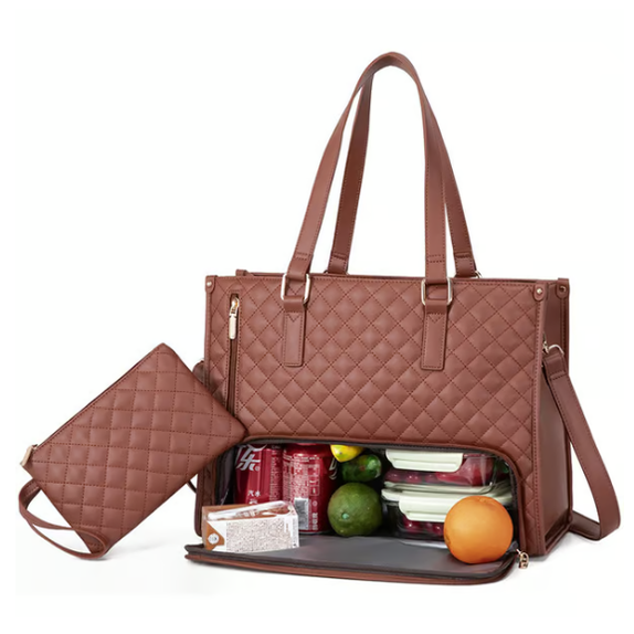 Quilted Work Laptop Tote Bag with Insulated Lunch Compartment