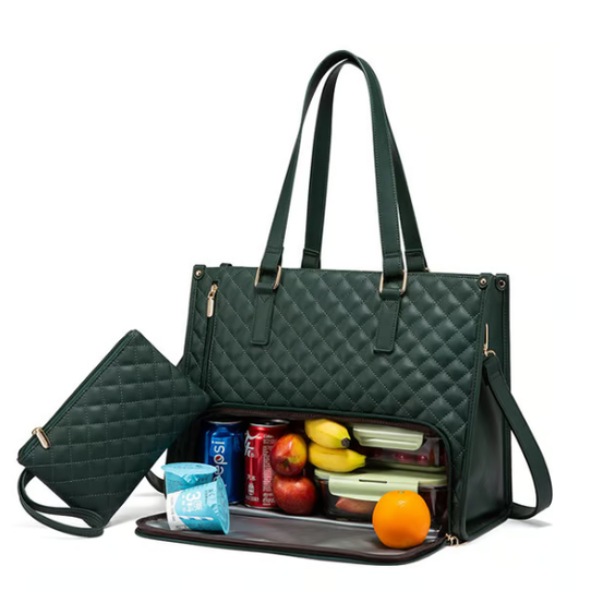 Quilted Work Laptop Tote Bag with Insulated Lunch Compartment