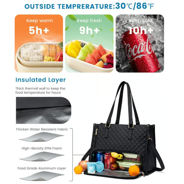 Quilted Work Laptop Tote Bag with Insulated Lunch Compartment