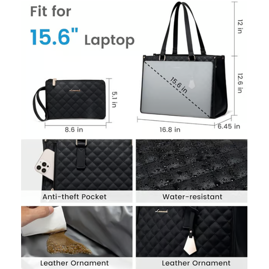 Quilted Work Laptop Tote Bag with Insulated Lunch Compartment
