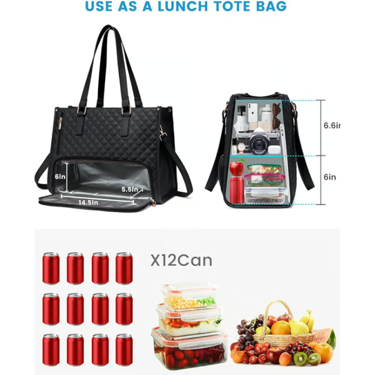 Quilted Work Laptop Tote Bag with Insulated Lunch Compartment