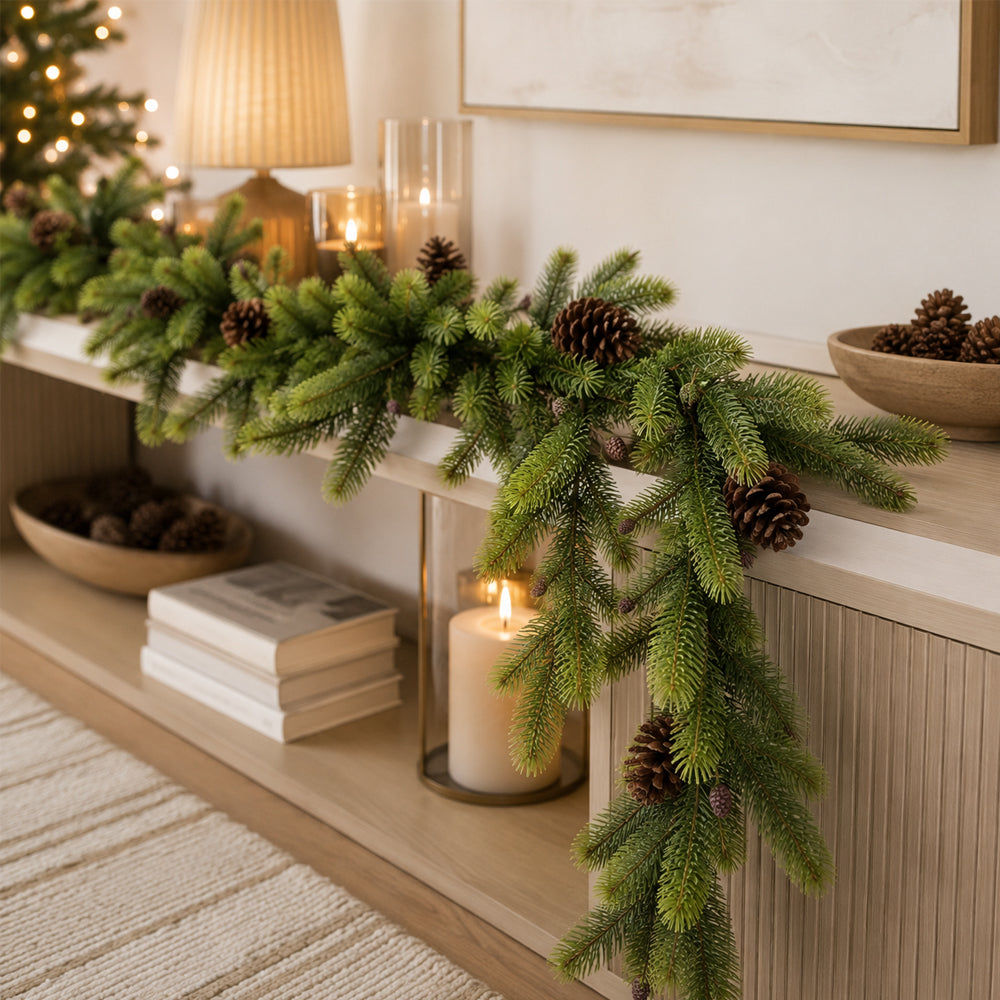 Realistic Spruce Christmas Garland with Pine Cones
