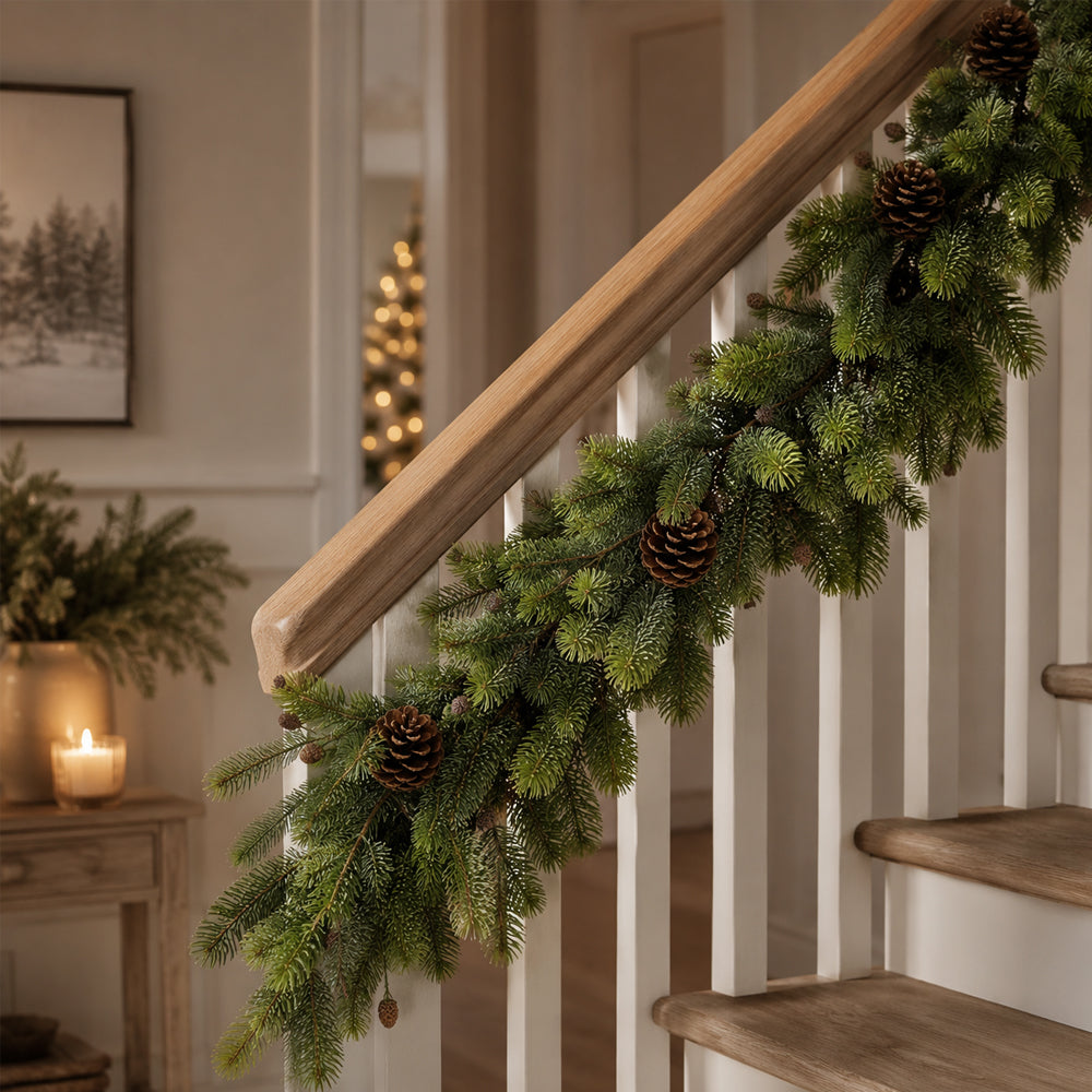 Realistic Spruce Christmas Garland with Pine Cones