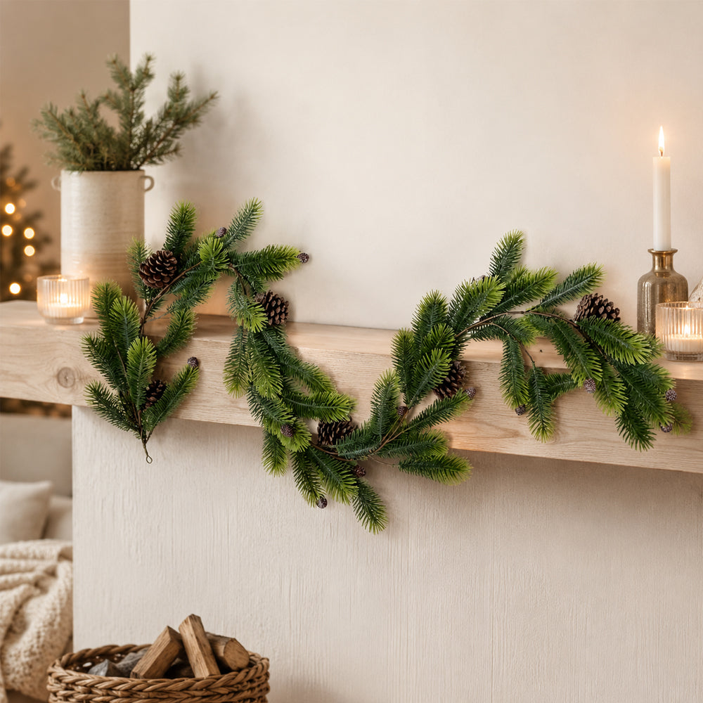 Realistic Spruce Christmas Garland with Pine Cones