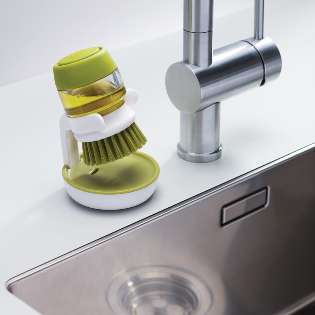 Refillable Soap Dispensing Dish Brush with Non-Scratch Bristles and Draining Stand