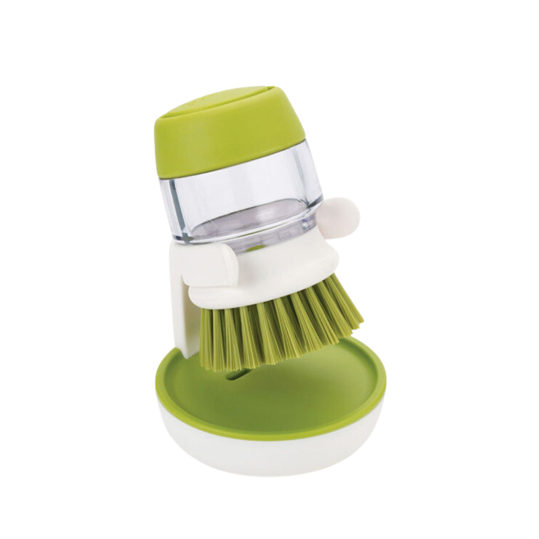 Refillable Soap Dispensing Dish Brush with Non-Scratch Bristles and Draining Stand