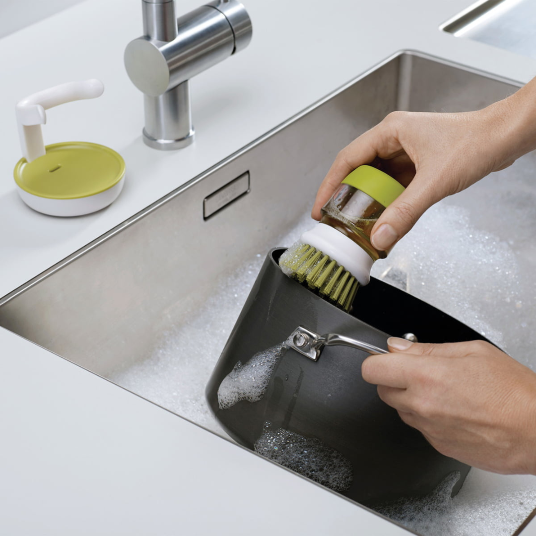 Refillable Soap Dispensing Dish Brush with Non-Scratch Bristles and Draining Stand