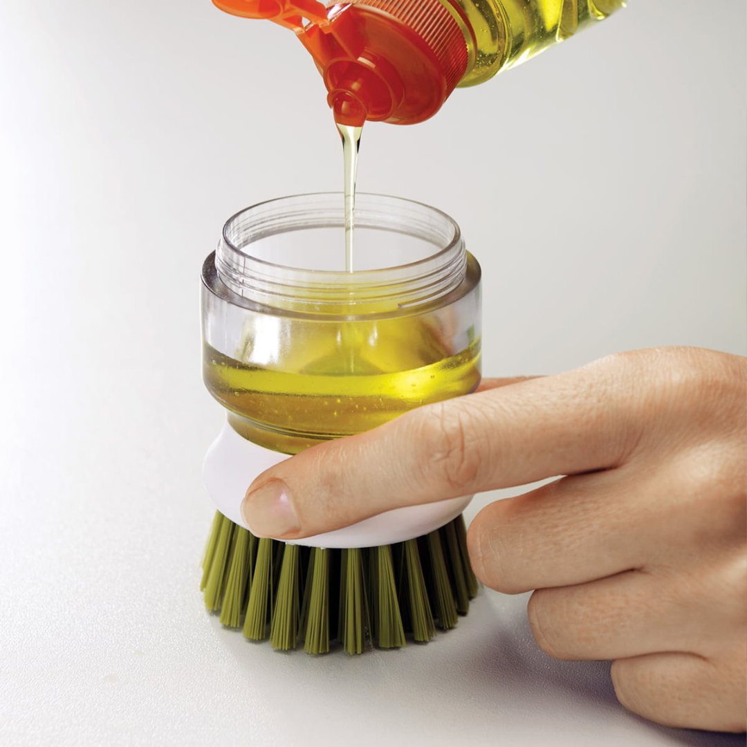 Refillable Soap Dispensing Dish Brush with Non-Scratch Bristles and Draining Stand