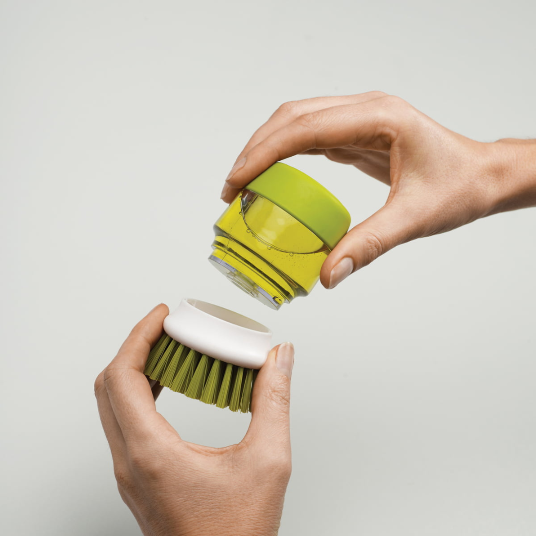 Refillable Soap Dispensing Dish Brush with Non-Scratch Bristles and Draining Stand