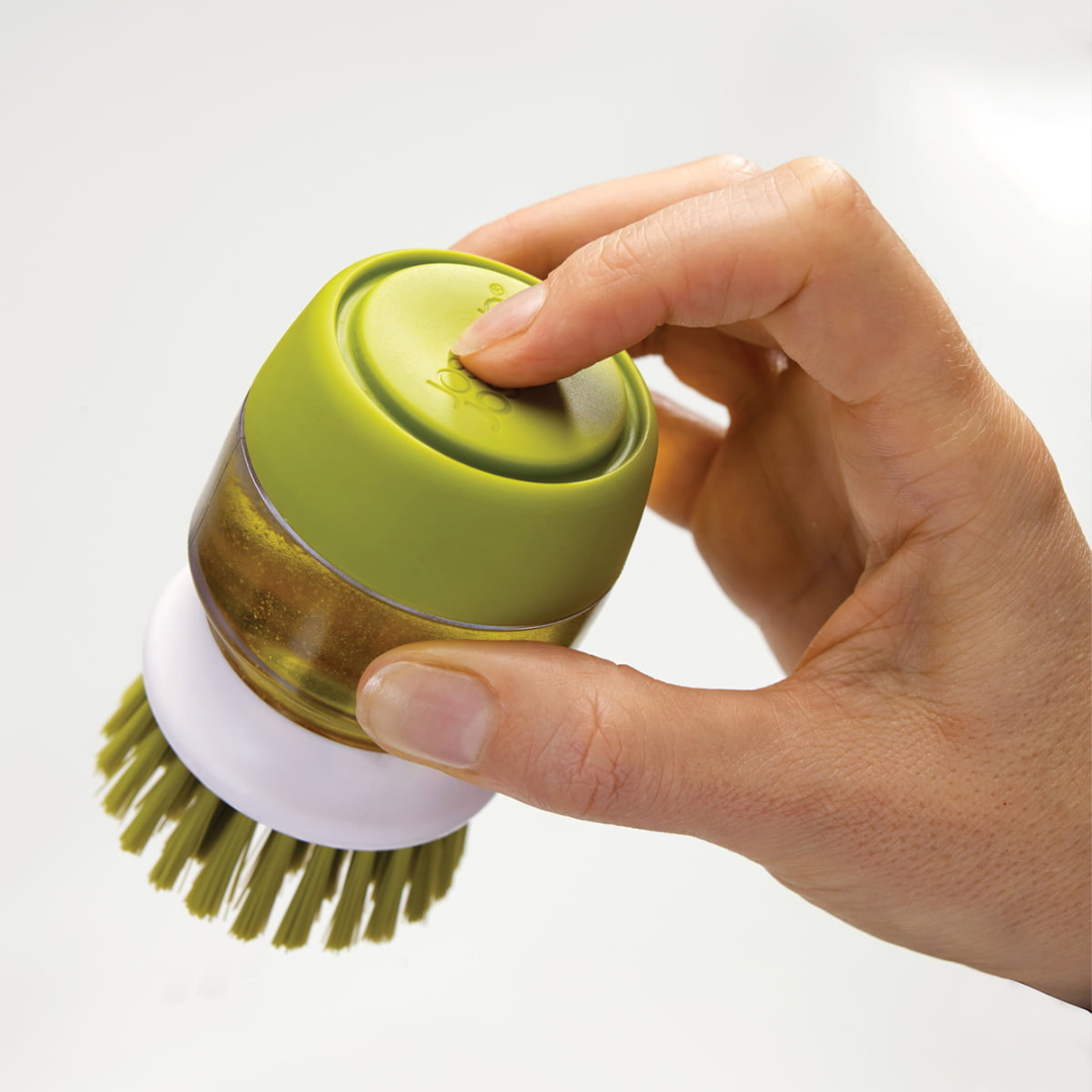 Refillable Soap Dispensing Dish Brush with Non-Scratch Bristles and Draining Stand