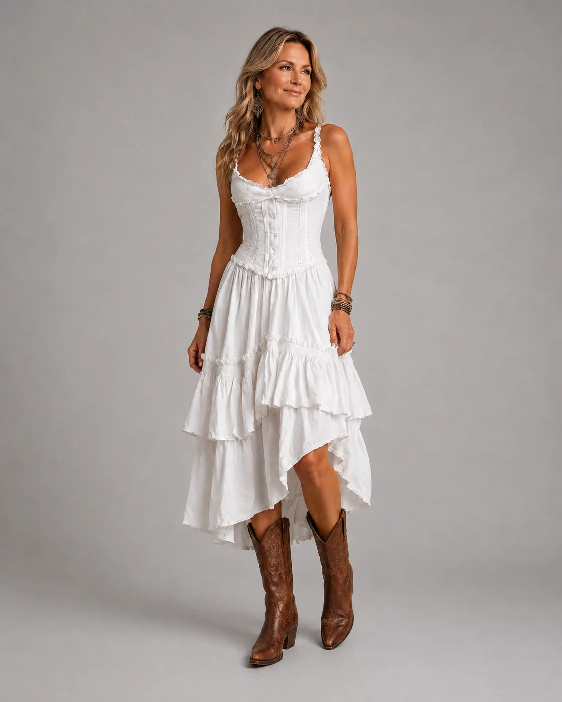 Retro Boho Corset Tiered Midi Dress With Lace Trim