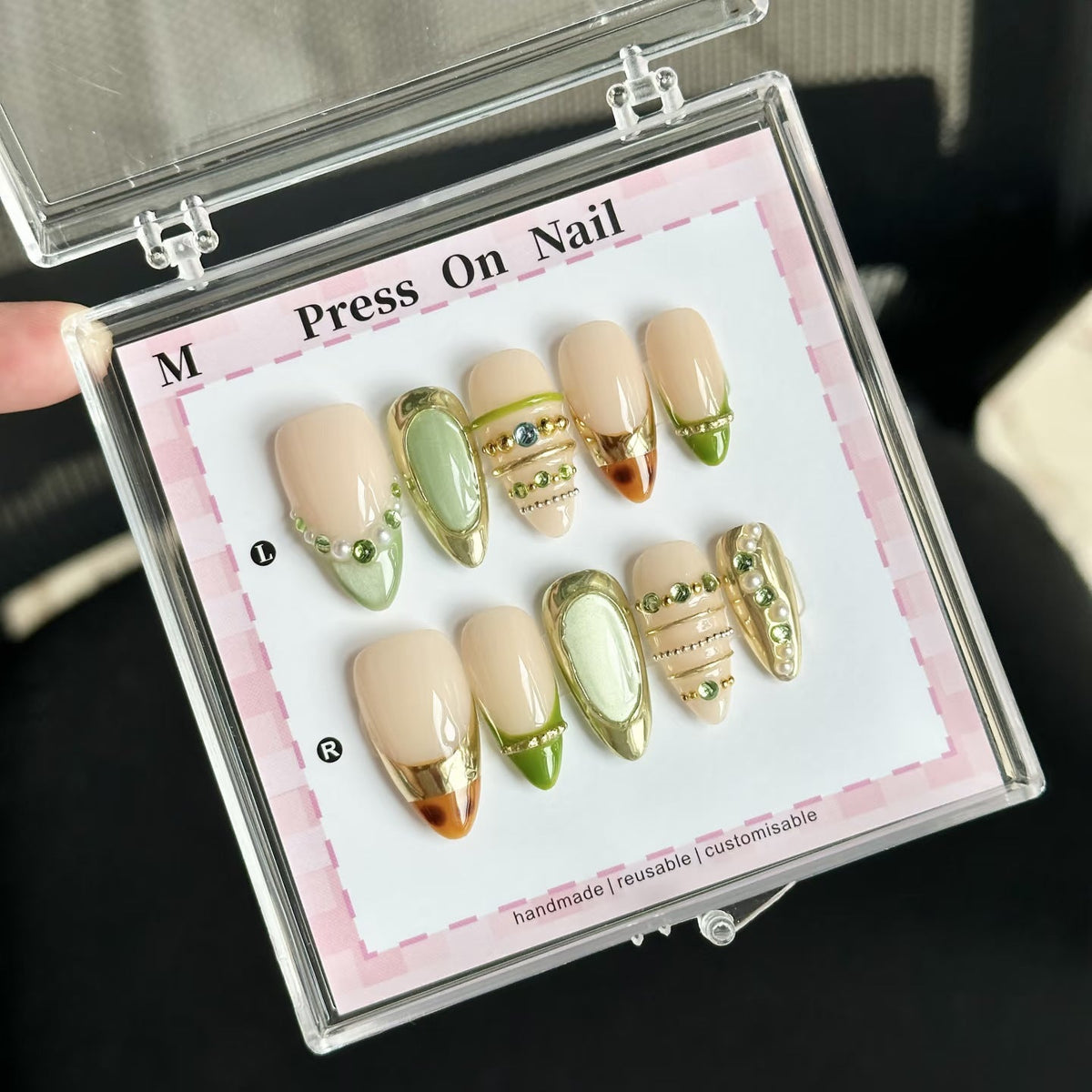 Reusable Handmade Press-On Nail Set with Decorative Elements