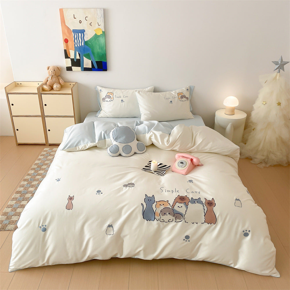 Reversible Microfiber Bedding Set for Kids and Teens with Cartoon Cats and Paw Prints