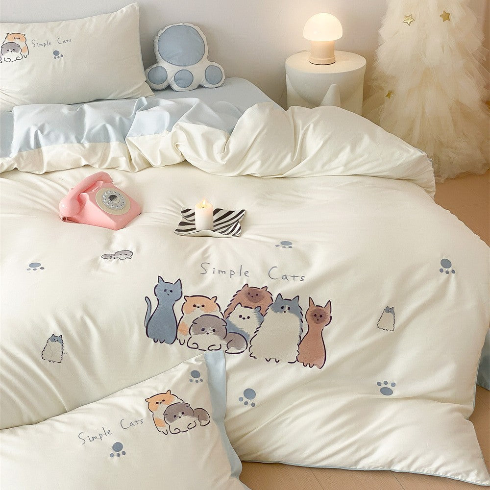 Reversible Microfiber Bedding Set for Kids and Teens with Cartoon Cats and Paw Prints