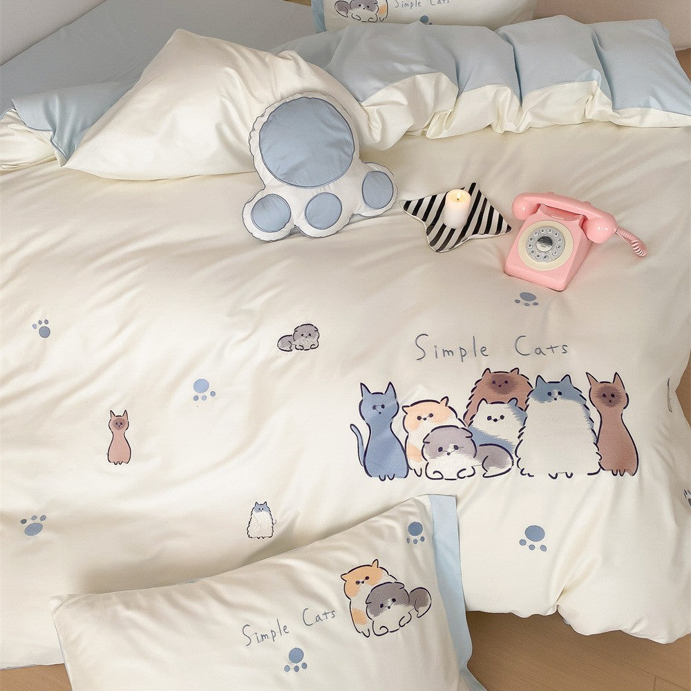 Reversible Microfiber Bedding Set for Kids and Teens with Cartoon Cats and Paw Prints