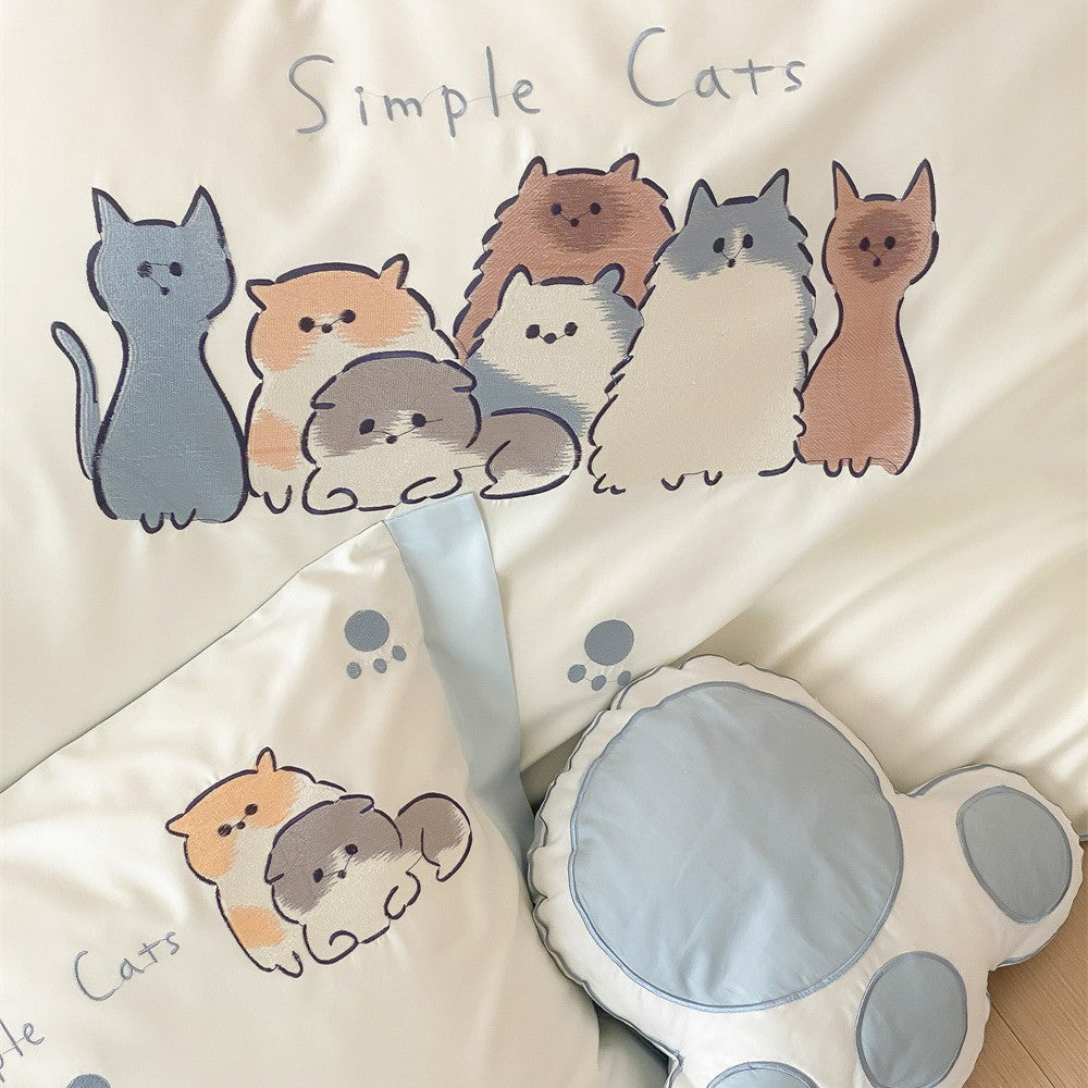 Reversible Microfiber Bedding Set for Kids and Teens with Cartoon Cats and Paw Prints