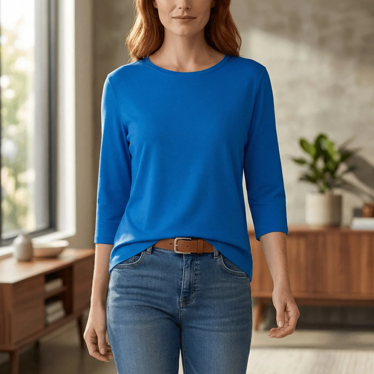 Round-Neck Top with 3/4 Length Sleeves