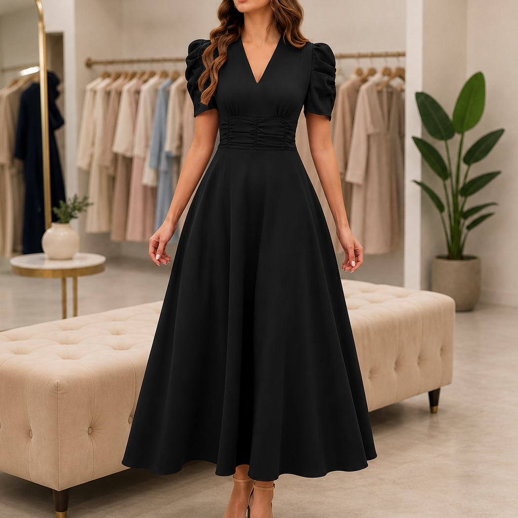 Ruched Waist Puff Sleeve V-Neck Midi Dress