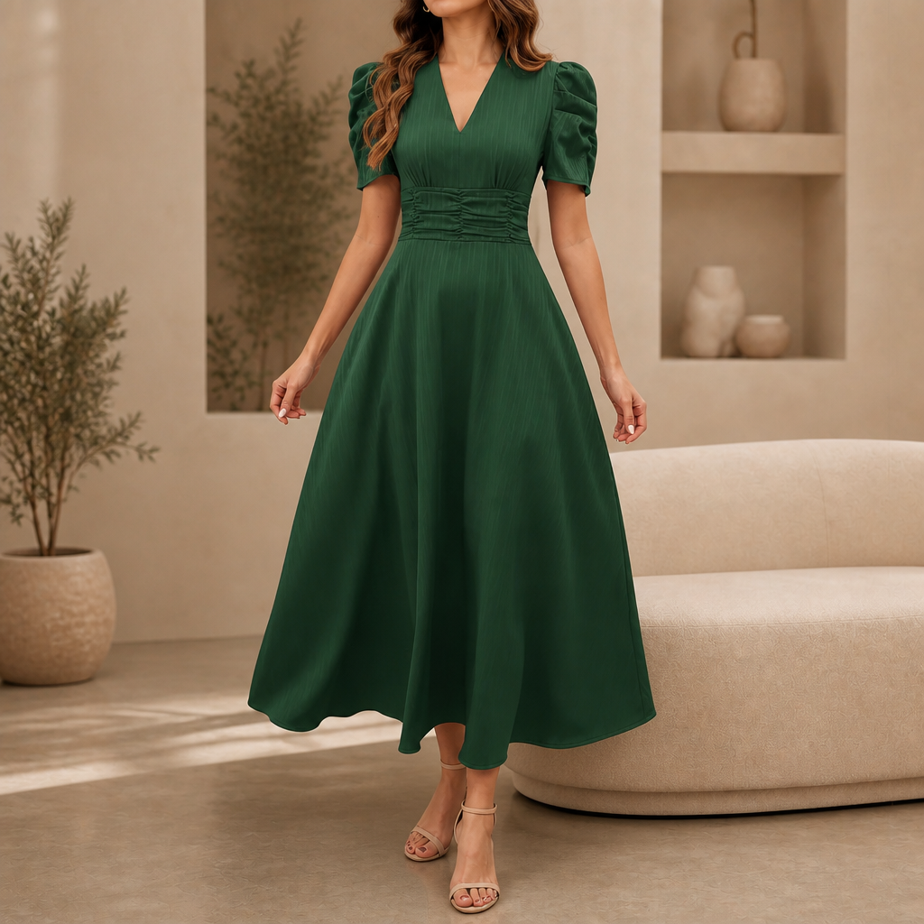 Ruched Waist Puff Sleeve V-Neck Midi Dress