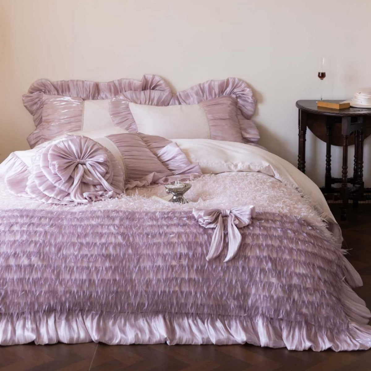 Ruffled Satin Bedspread and Decorative Pillow Set with Frills