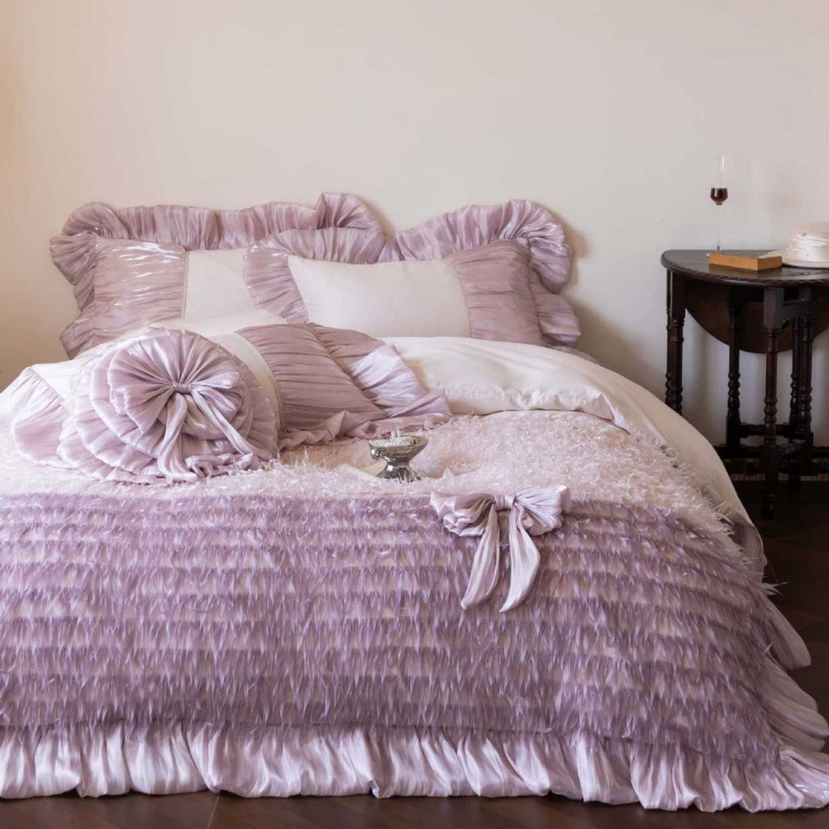 Ruffled Satin Bedspread and Decorative Pillow Set with Frills