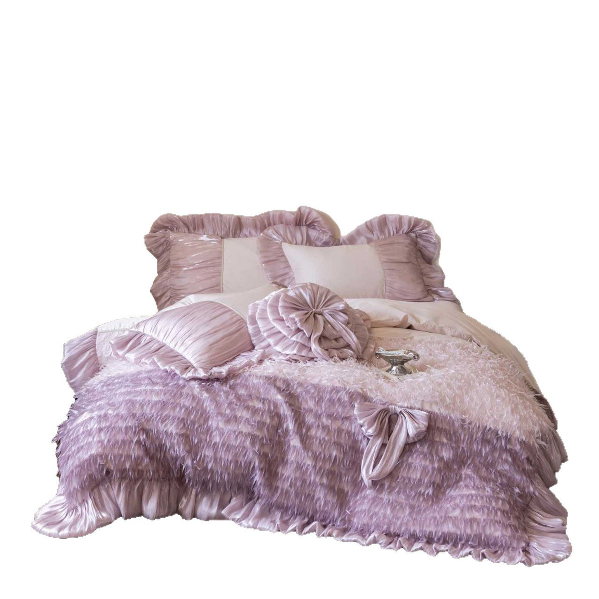 Ruffled Satin Bedspread and Decorative Pillow Set with Frills