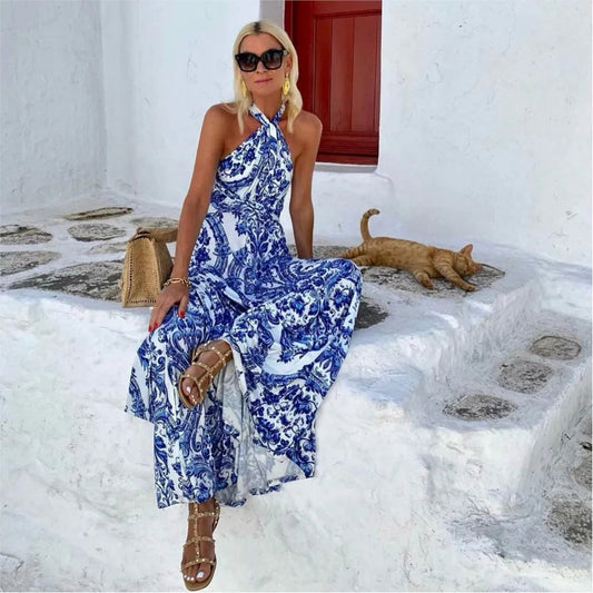 Image of Sabrina | Women's Sleeveless Halter Maxi Dress