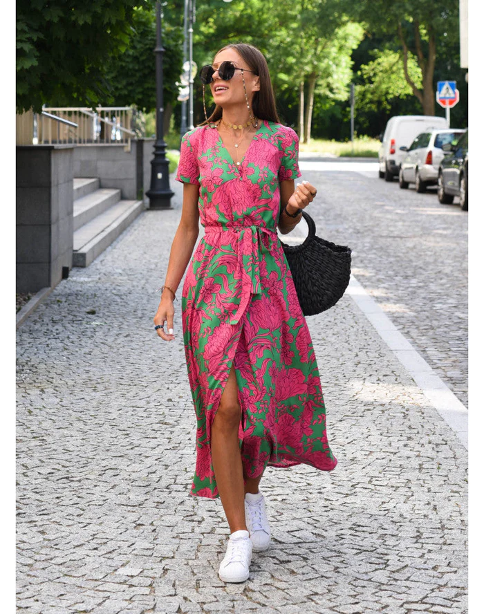 Image of Sabrina | Women's V-Neck Wrap Midi Dress