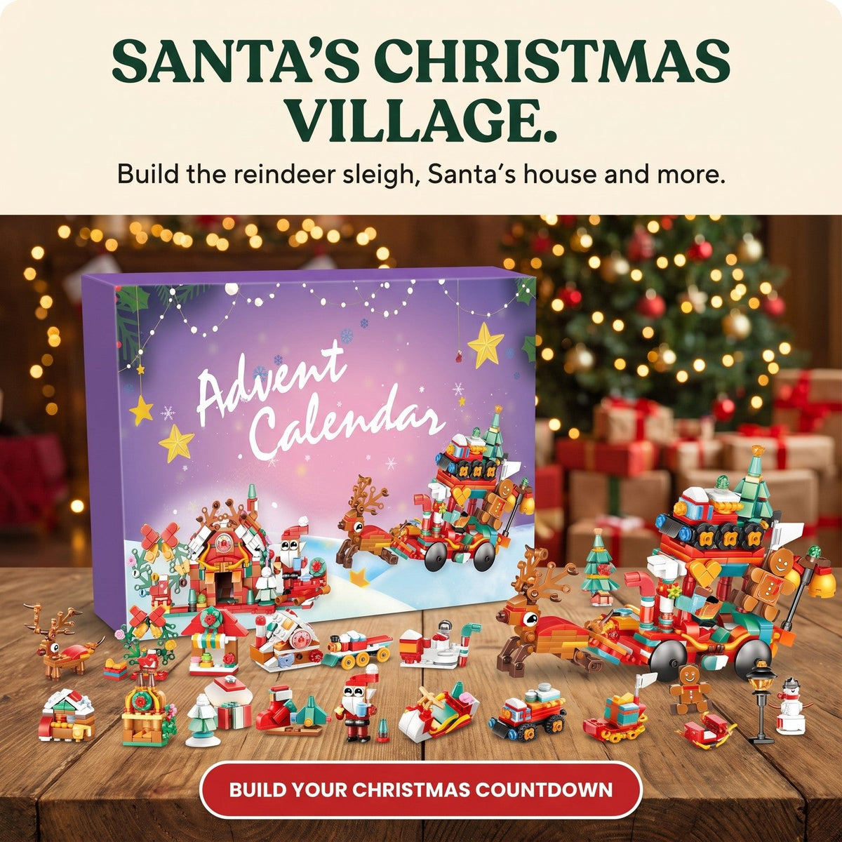 Santa's Village Brick Advent Calendar with Reindeer Sleigh