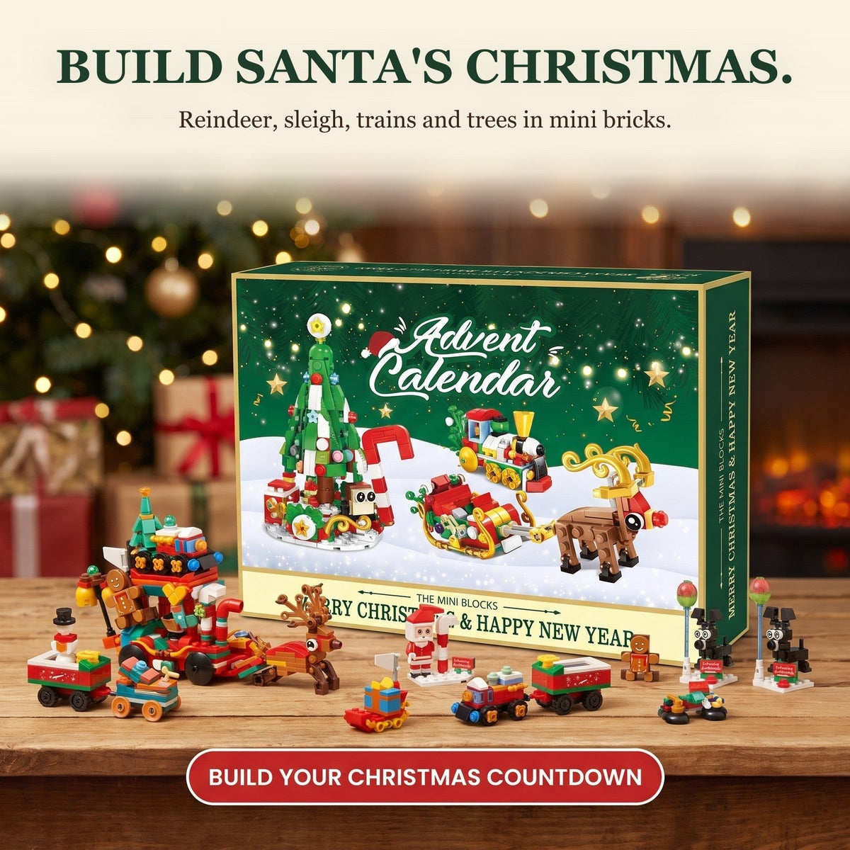 Santa's Sleigh Mini Block Advent Calendar, Christmas Village Set