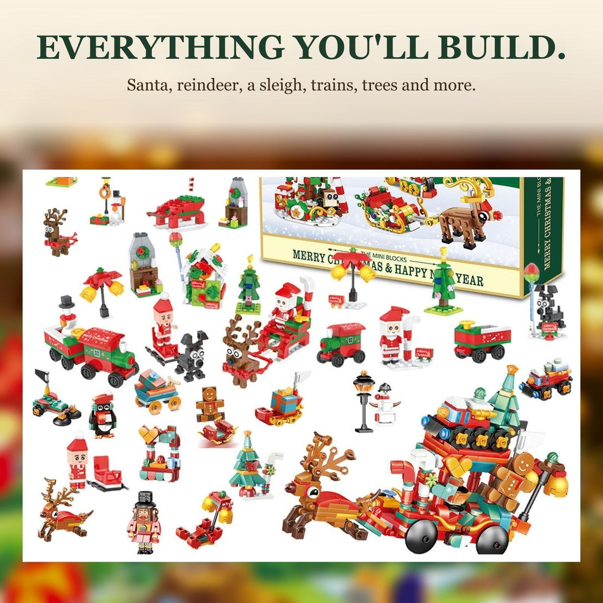 Santa's Sleigh Mini Block Advent Calendar, Christmas Village Set