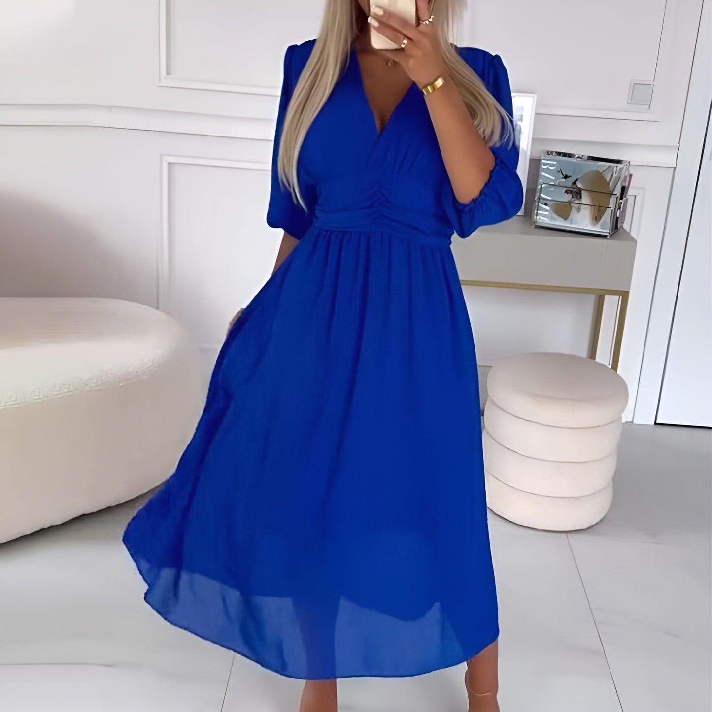 Image of Sara | Women's V-Neck A-Line Midi Dress