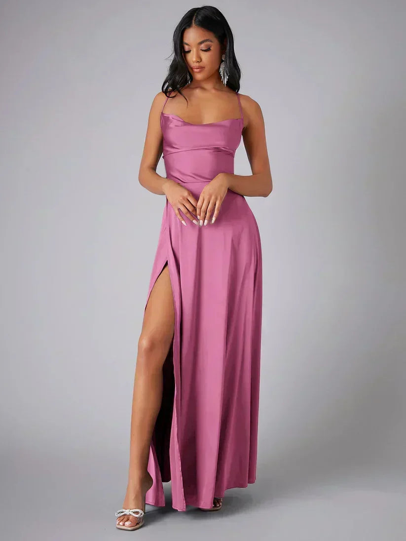 Satin Evening Dress with High Slit and Open Back