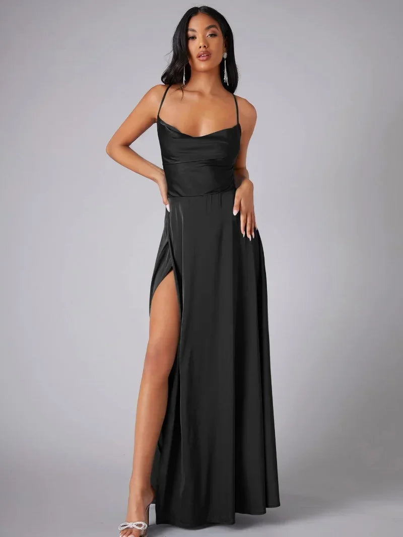 Satin Evening Dress with High Slit and Open Back