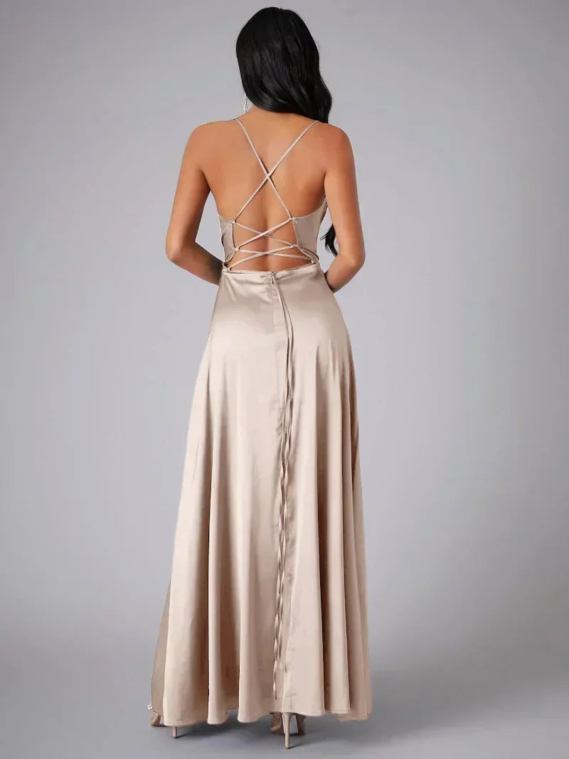 Satin Evening Dress with High Slit and Open Back