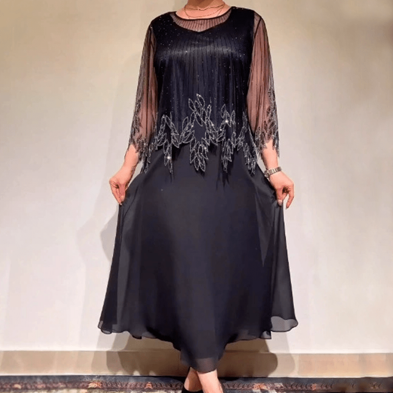 Shimmer Dress with Black Tulle Overlay - Formal Wedding Guest Cocktail Dress