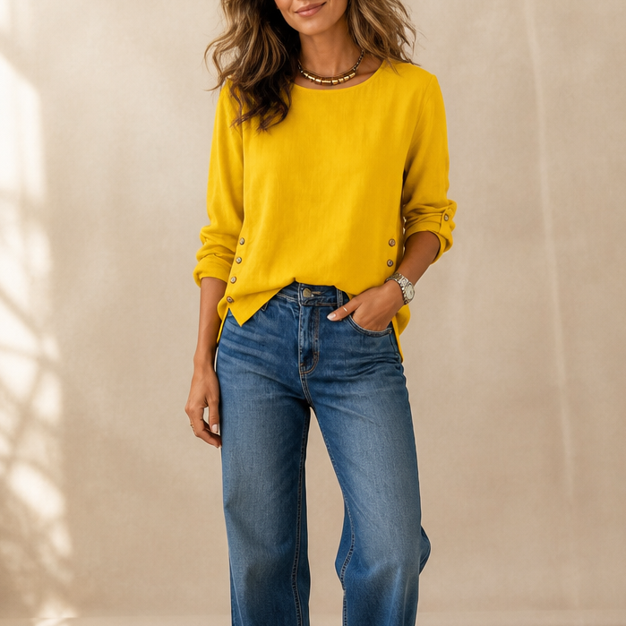 Side-Button Relaxed-Fit Linen Blend Top