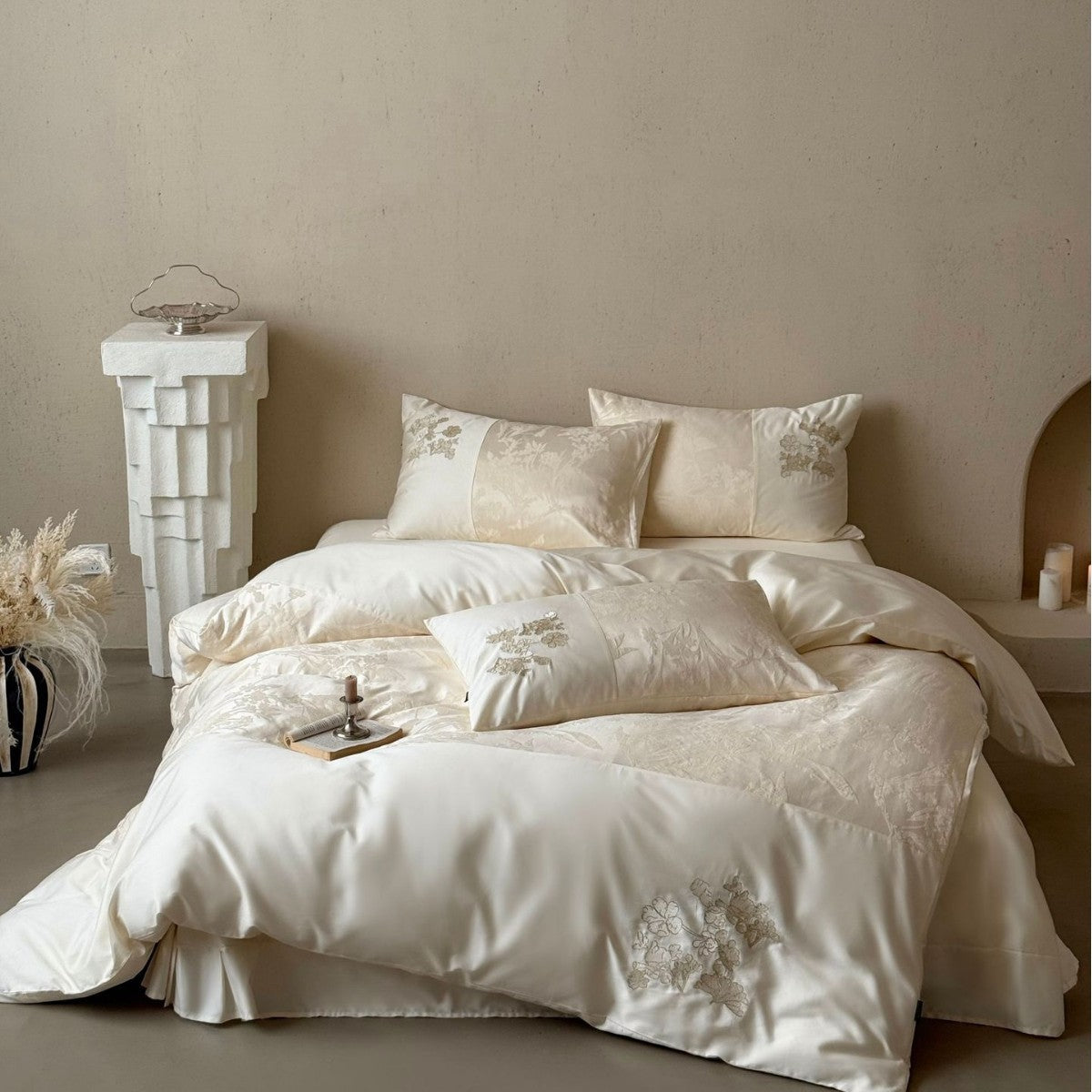 Silky Satin Bedding Set with Jacquard Relief, Floral Embroidery, and Ruffles