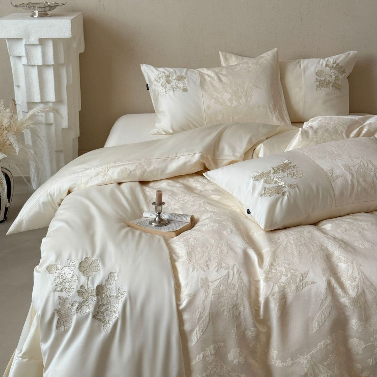 Silky Satin Bedding Set with Jacquard Relief, Floral Embroidery, and Ruffles