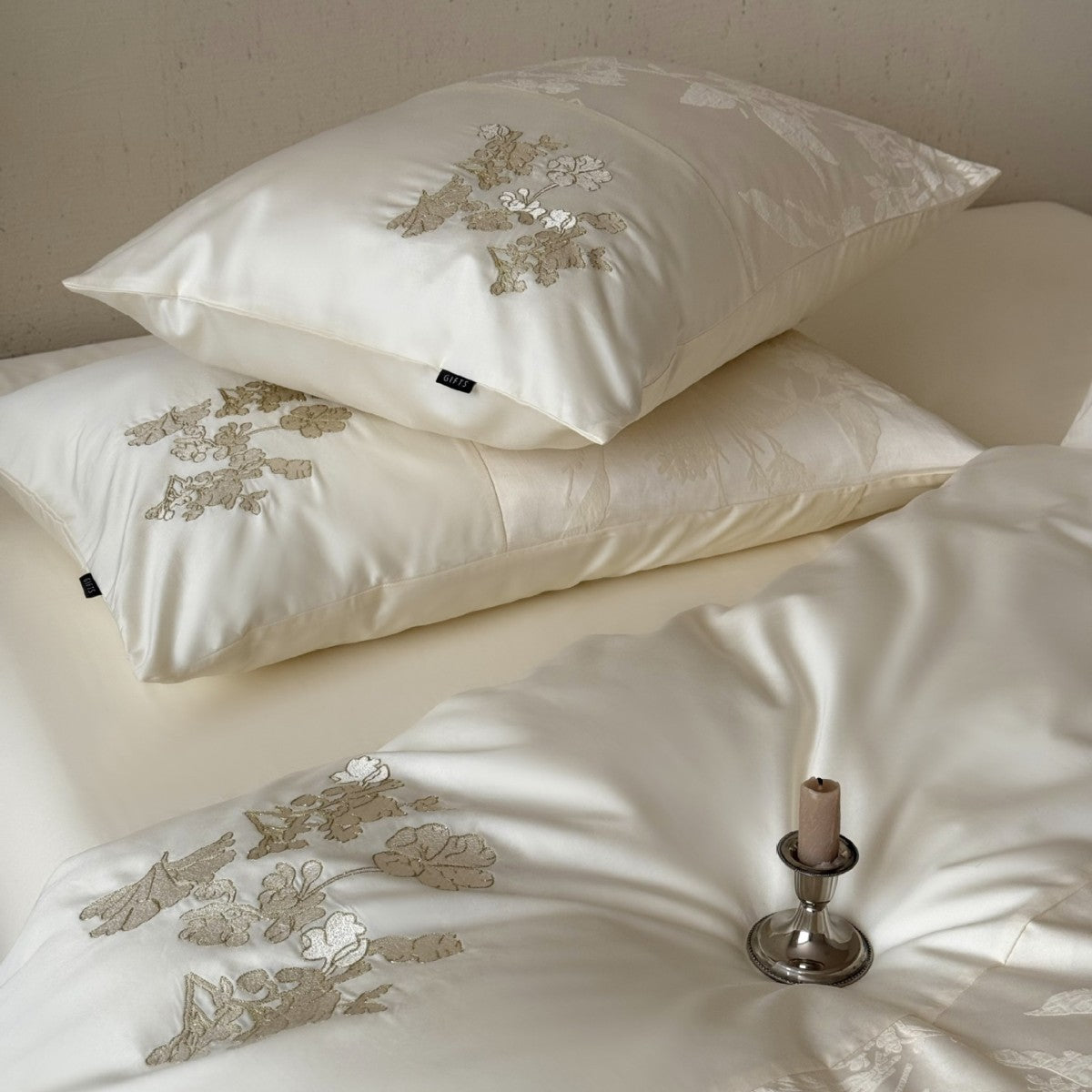 Silky Satin Bedding Set with Jacquard Relief, Floral Embroidery, and Ruffles